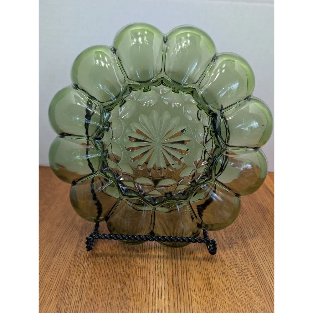 Vintage 1970's  Anchor Hocking Fairfield Avocado Green Glass Deviled Egg Plate